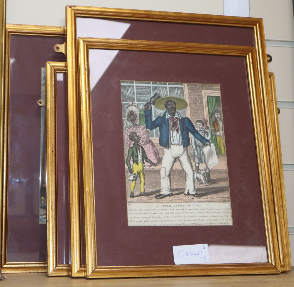 C. Hunt, coloured aquatint, A Crier Extraordinary, 21 x 15cm and three related prints, all with black sitters